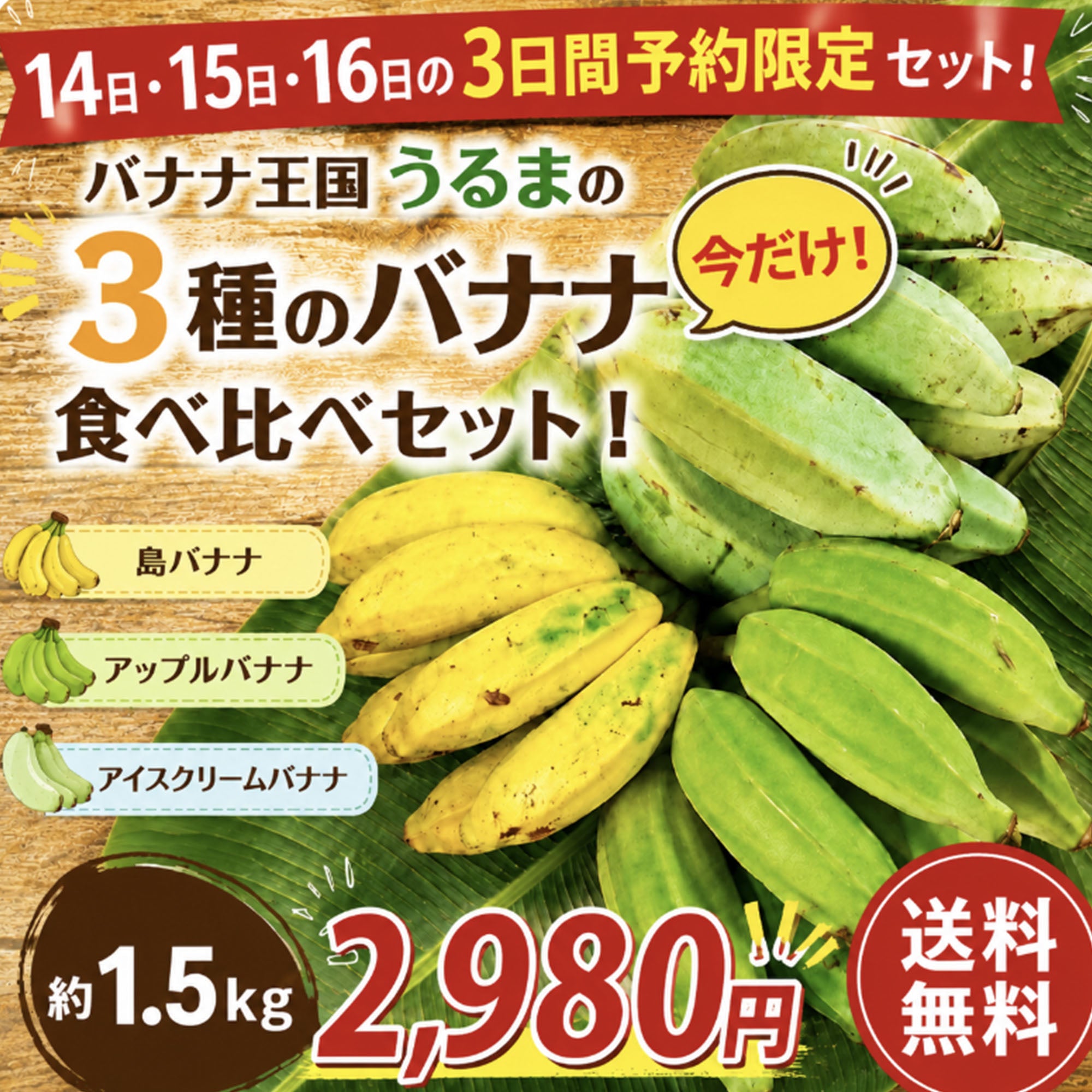 【限定販売！】3種のバナナ食べ比べセット 約1.5kg