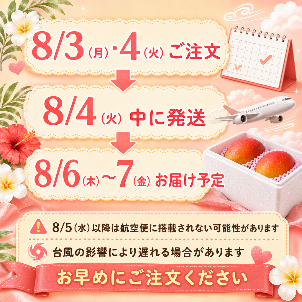 【8/3〜8/4限定】通販限定！台風直前💦訳あり 完熟マンゴー ご自宅用  約1.5kg×2箱（1箱3〜4玉）｜送料込 5,800円　8月6日〜7日にお届け予定
